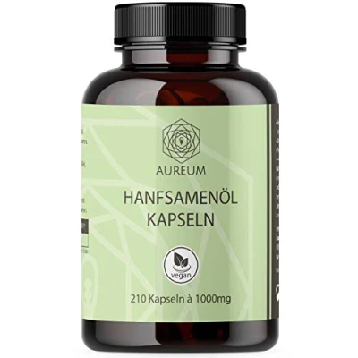 Abbildung von Hanföl in Softgel Kapseln Hochdosiert mit 1000mg pro Kapsel Von Aureum Kaltgepresst für 210 Tage / 7 Monate