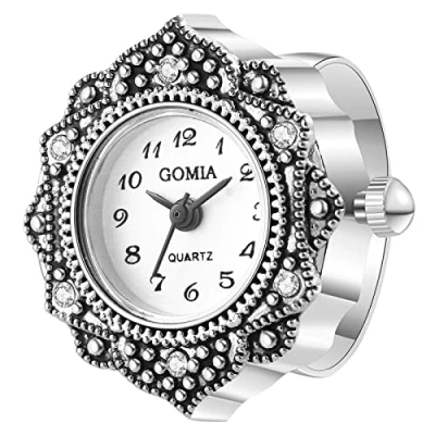 Abbildung von JewelryWe Ringuhr Fingeruhr Damen Analog Quarz Retro Geschnitzt Blumen Strass Edelstahl Verstellbar Ring Uhr Fingerringuhr Uhrenring mit Weiß Rundem Zifferblatt und Silber Gehäuse