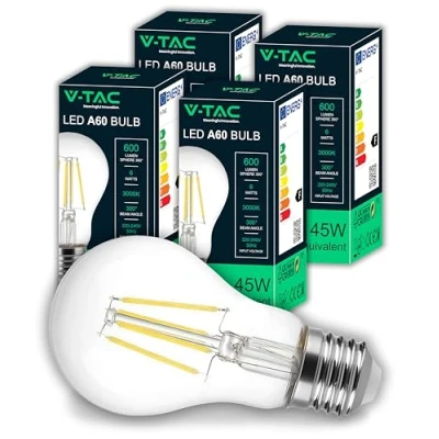 Abbildung von V TAC 4x LED Glühbirne E27 Filament A60 [Hohe Effizienz 6W] 600 Lumen (Entspricht 45W) Maximale Deko Glühlampen Energiesparlampe 4er Pack Warmweiß 3000K