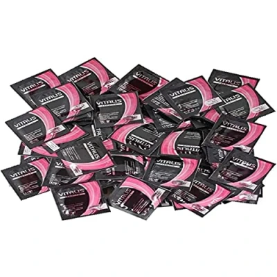 Abbildung von VITALIS 100 Kondome Pack Sensation mit Riefen &amp; Noppen I Nennbreite 53 mm Gefühlsechte rosafarbene Premium genoppt Hauchzarte strukturierte