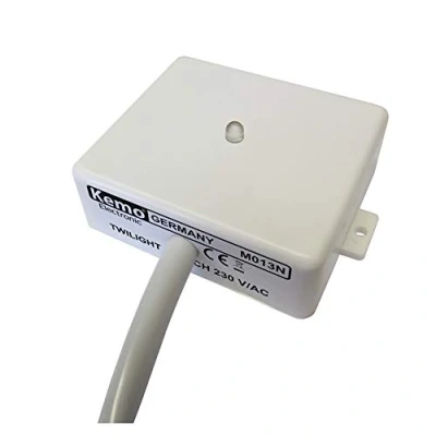 Abbildung von Kemo M013N elektronischer Dämmerungsschalter mit eingebautem Relais. Automatisches Ein und Ausschalten bei Dämmerung Tagesanbruch. Für potentialfreie Lasten bis 3 A