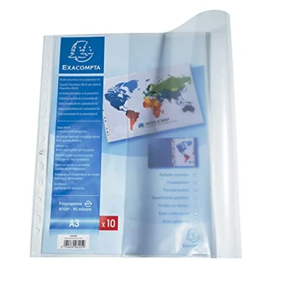 Abbildung von Exacompta 6205E 10er Pack Premium PP Kunststoff Prospekthüllen. für DIN A3 Quer gefaltet transparent glasklar oben offen Klarsichtfolie Plastikhülle Klarsichthülle ideal Ordner und Ringbücher