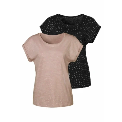 Abbildung von Lascana 2 PACK Tshirt print, Damen, Größe: 32/34, Rose/schwarz