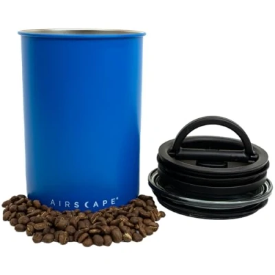 Abbildung von Airscape Edelstahl Kaffeedose, Lebensmittelaufbewahrungsbehälter, patentierter luftdichter Deckel, zum Herausdrücken von überschüssiger Luft, bewahrt die Frische Lebensmitteln (Mattes Blau)