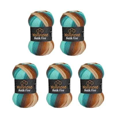 Abbildung von 5 x 100g Wollbiene Batik Fine 500 Gramm Wolle mit Farbverlauf mehrfarbig Multicolor Strickwolle Häkelwolle (1520 braun mint weiß)