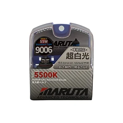 Abbildung von MARUTA SUPER WHITE 9006 / HB4 55W Halogenlampe für Scheinwerfer, Abblendlicht, Fernlicht, 5500K Xenon Effekt, langlebige Gas Birne mit hochwertigem Quarzglas &amp; Straßenzulassung (ECE Prüfzeichen)
