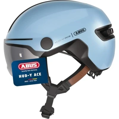 Abbildung von ABUS Stadthelm HUD Y ACE stylischer Fahrradhelm mit Visier und magnetischem, aufladbarem LED Rücklicht für Damen Herren Blau, Größe L
