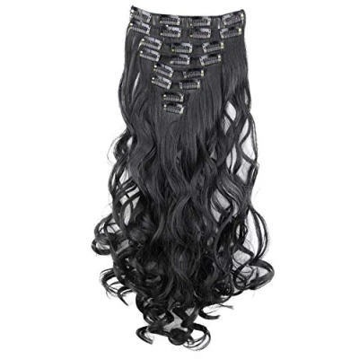Abbildung von CAISHA XXL 8 Teiliges Set 45cm Langhaarige CLIP IN EXTENSIONS Synthetik Haarverlängerung Haarteil Voluminös Gelockt Schwarz CES1 1