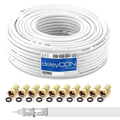 Abbildung von deleyCON HQ 30m SAT Koaxial Kabel 130dB 4 fach geschirmt für DVB S S2 T und C Stahl/Kupfer Innenleiter 4K 1080p FULL HD HDTV inkl. 10x vergoldete F Stecker