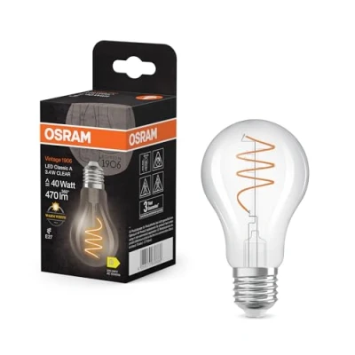 Abbildung von OSRAM Vintage 1906 Classic ist eine warmweiße LED Lampe mit spiralförmigem Filament in klassischer Kolbenform. Sie bietet 3.4 W für 470 lm, E27 Fassung, klarfarbenes Glas, 60 mm Durchmesser, 2700 K.