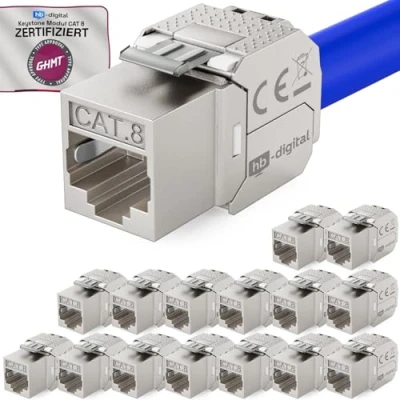 Abbildung von HB DIGITAL 16x CAT 8.1 Keystone Modul Jack GHMT zertifiziertes RJ45 Buchse STP 2000MHz 40Gbit/s LSA werkzeuglos Kupplung Netzwerk Einbaubuchse für Patchpanel Ethernet LAN Verlegekabel