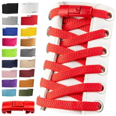 Abbildung von SULPO Schnürsenkel ohne Binden 2 Paare Schnellverschluss Elastische Schnürsenkel, 100 cm Lang, Flache Gummi No Tie Sneakers Rot