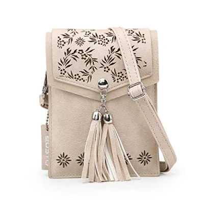 Abbildung von seOSTO Handytasche zum Umhaengen Damen,Handy Umhängetasche PU Leder Kleine mit Quastenzubehör Schulterriemen Einstellbare Länge (Beige Flowers)