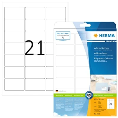 Abbildung von HERMA 8632 Adressetiketten, 10 Blatt, 63,5 x 38,1 mm, 21 pro A4 Bogen, 210 Stück, selbstklebend, bedruckbar, matt, blanko Papier Adressaufkleber Etiketten, weiß