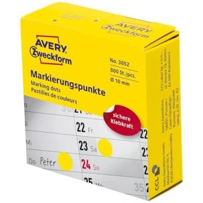 Abbildung von AVERY Zweckform 3852 selbstklebende Markierungspunkte (ø 10 mm, 800 Klebepunkte auf Rolle im Spender, runde Aufkleber für Kalender, Planer und zum Basteln) gelb