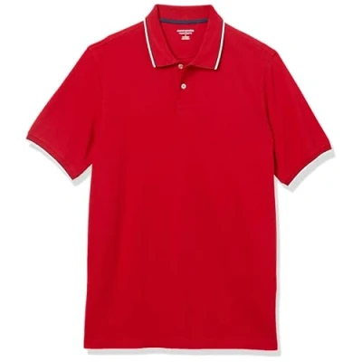 Abbildung von Amazon Essentials Herren Polohemd mit normaler Passform aus Baumwollpiqué (erhältlich in Big &amp; Tall), Rot Twin Stripe, XXL