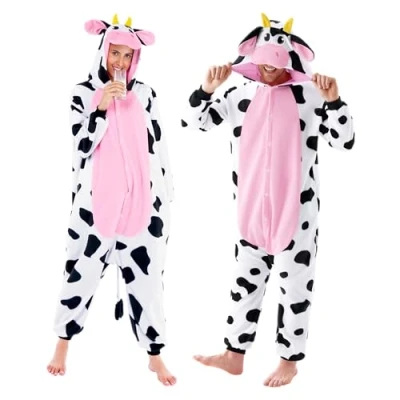 Abbildung von Spooktacular Creations Unisex Erwachsene Plüsch Pyjama Schlafanzug, Damen Herren Jumpsuit Kuh Tier Kostüm Halloween Karneval (Medium, Multicolor)