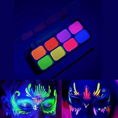 Abbildung von UV Schwarzlicht reaktives Neon Make up, leuchtende Gesichts und Körperbemalung, Lidschatten auf Wasserbasis, fluoreszierende 8 Farben Pigmentpalette, geeignet für Schwarzlichtpartys