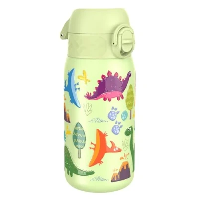 Abbildung von Ion8 Isolierte Edelstahl Trinkflasche, 320 ml, Auslaufsicher, Einhandöffnung, Sichere Verriegelung, Spülmaschinenfest, Klappdeckel, Tragegriff, Leicht zu Reinigen, Langlebig, Dinosaurier Design