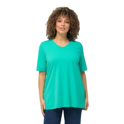 Abbildung von Ulla Popken Vausschnitt Halbarm Tshirt basic, Damen, Größe: 46/48, Turquoise green