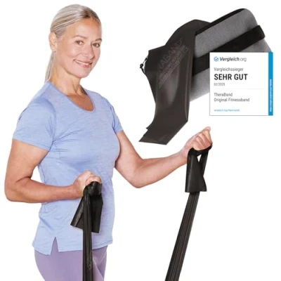 Abbildung von TheraBand 2,50m inkl. Türanker + Tasche schwarz Widerstand 3,3kg Terrabänder Gymnastikband Fitnessband Stretchband Heim &amp; Krafttraining, Rückenübungen, Therapie, Reha 100% Naturlatex