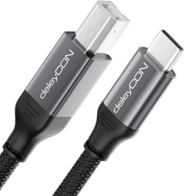 Abbildung von deleyCON 1m USB C Druckerkabel (für Drucker, Scanner, MIDI) auf B Kabel Geflochten + Metallstecker für Epson HP Samsung Canon Brother iPhone 16 15 Notebook Tablet PC MacBook