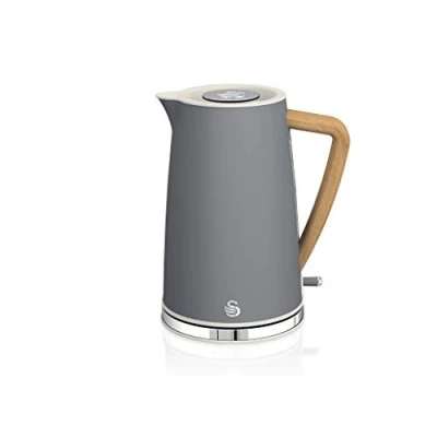 Abbildung von Swan Nordic Ultra Schneller elektrischer Wasserkocher, kabellos, modernes Design, 1,7 l, 2200 W, Griff in Holzoptik, automatische Abschaltung, Grau