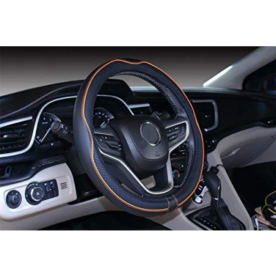 Abbildung von Istn Mikrofaser Leder Auto Lenkradbezug 38cm für die meisten Autos (schwarz orange)