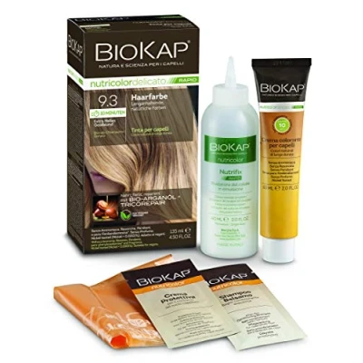 Abbildung von BIOKAP RAPID Permanente Haarfarbe 9.3 Extra Helles Goldblond NUR 10 MINUTEN EINWIRKZEIT Bio Arganöl TricoREPAIR Komplex VEGAN Optimale Grauabdeckung Bis zu 80% natürliche Inhaltsstoffe