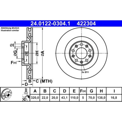 Abbildung von ATE 24.0122 0304.1 Bremsscheibe 320,0 22,0 5 110,0 Belüftet beschichtet mit Schrauben ALFA ROMEO: Stelvio, Giulia Saloon