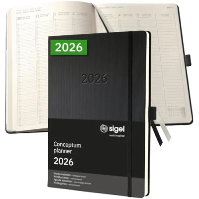 Abbildung von SIGEL C2618 Planungsbuch Wochenplaner Wochenkalender 2026, extra groß, A4+, vertikal, 1 Woche = 2 Seiten, Spalte pro Tag, schwarz, Hardcover, 192 Stiftschlaufe, Kalenderbuch Conceptum