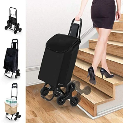 Abbildung von VOUNOT Einkaufstrolley Klappbar Treppensteiger, 3 Räder Einkaufswagen Faltbar, Einkaufsroller Trolly, Abnehmbare &amp; Regenfeste Schwarz