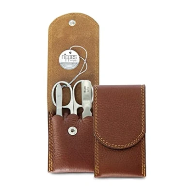 Abbildung von nippes Solingen Classic Premium Maniküre Set, 3 teilig, Echtes Rindsleder Nageletui, braun, Edelstahl nickel &amp; rostfrei, Nagelset, Nagelpflege Maniküreset, Made in Solingen/Germany