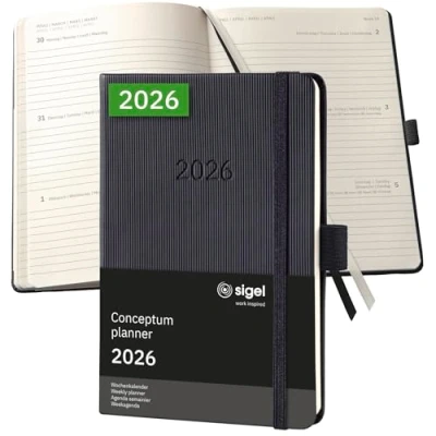 Abbildung von SIGEL C2613 Wochenplaner Wochenkalender 2026, ca. A6, schwarz, Hardcover, 176 Seiten, Gummiband, Stiftschlaufe, Archivtasche, aus nachhaltigem Papier, Kalenderbuch Conceptum