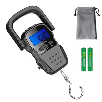 Abbildung von aokuy Digitale Fischwaage, Gepäckwaage, Gewicht Hänge Hakenwaage, 50 kg, LCD Display mit Hintergrundbeleuchtung, wasserdichte Tasche (Batterien im Lieferumfang enthalten)