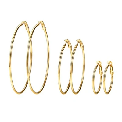 Abbildung von PROSTEEL 3er Ohrringe Set für Damen Edelstahl Creolen Huggie Kreolen Hoop Klappcreolen Ohrschmuck 30mm 50mm 70mm 3 Größe Set, gold