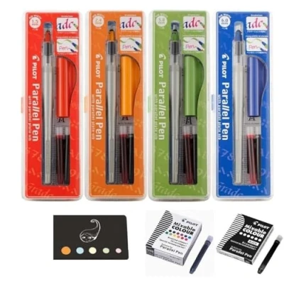 Abbildung von Pilot Parallel Pen 4er Set Stifte: 1,5 mm + 2,4 3,8 6,0 12 Tintenpatronen, 6 schwarze Patronen 1 Lineal/Lesezeichen aus Holz