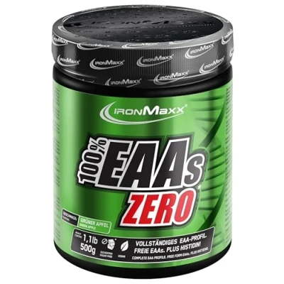 Abbildung von IronMaxx 100% EAAs Zero Green Apple 500g Dose EAA Pulver, vegan und zuckerfrei mit allen 8 essentiellen Aminosäuren fruchtiger Geschmack, frei von Konservierungsstoffen