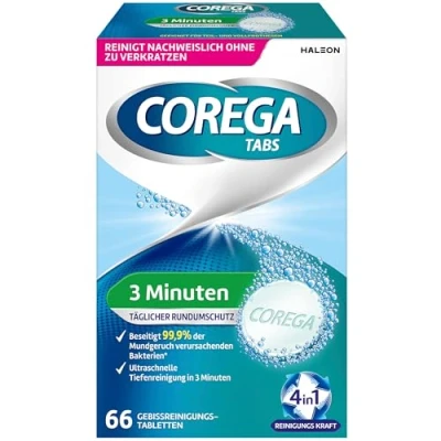 Abbildung von Corega Reinigungs TABS 3 Minuten für herausnehmbaren Zahnersatz/dritte Zähne, Gebissreinigungstabletten, 1x66