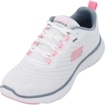 Abbildung von Skechers Damen Flex Appeal 5.0 Low Top Sneaker, Weißes Netzgewebe, rosafarbener hellblauer Besatz, 38.5 EU