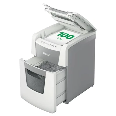 Abbildung von Leitz IQ Autofeed Small Office Aktenvernichter, 100 Blatt Papierstapel schreddern, Zeit sparen mit automatischem Einzug, Mikroschnitt P5, 34L Abfallbehälter, Leiser Betrieb für Büro, 80120000
