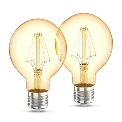Abbildung von B.K.Licht 2er Set LED Lampe E27 mit extra warmweißer Lichtfarbe, G80 Form, 4 Watt, 360 Lumen, LED, Glühbirne, Leuchtmittel, Birne, Vintage, Retro, Edison, 12,6x8 cm, Bernsteinfarbig