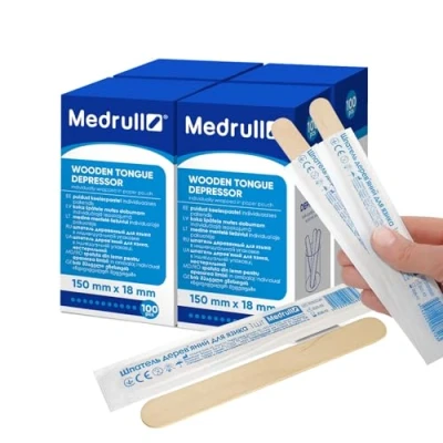 Abbildung von Medrull Holzspatel 400 Stück Einzeln verpackt in Papierbeutel (4x100) 1.8 x 15cm Holzmundspatel zum Auftragen von Salben oder Wachsen für medizinische Zwecke den Mund und Rachenraum zu untersuche