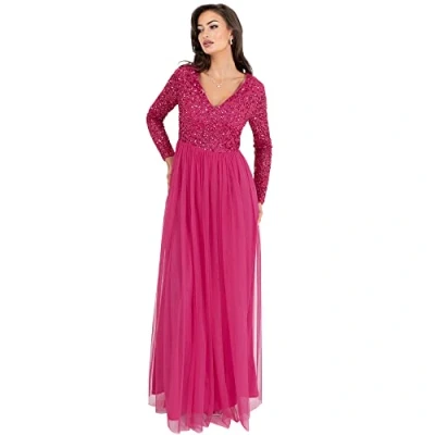Abbildung von Maya Deluxe Damen Womens Ladies Dress Sleeve for Wedding Guest V Neck High Empire Waist Maxi Long Length Evening Bridesmaid Prom Kleid, Fuschia, 40