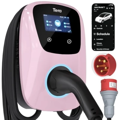 Abbildung von Tera EV Ladegerät Smart APP: 32A Typ 2 22kW oder 11kW Heim Ladestation 400V CE &amp; TÜV Wallbox 7m Ladekabel mit Ladegerätehalter App Steuerung CEE 3 Phasen Stecker für Alle EVs und PHEVs W01 Hellrosa