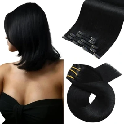 Abbildung von Moresoo Schwarz Exensions Echthaar Clip in Remy Doppelt Tressen Extensions Glatt Dick Haare 5 Voller Kopf Haarverlängerung 70g 30 cm