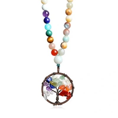 Abbildung von COAI Geschenkideen 108 Perlen Meditationskette aus 7 Chakren und Bunten Facettierten Amazonit mit Lebensbaum Anhänger Halskette für Damen Herren