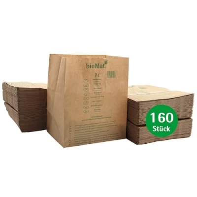 Abbildung von bioMat Kompostierbare 7l Biomülltüten aus Papier, 160 Biomüllbeutel Kraftpapier, Nassfest, Doppelter Boden, Made in Germany
