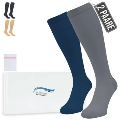 Abbildung von 360 Relief Kompressionsstrümpfe Damen und Herren 2 Paare Kompressionssocken Einfarbig für Sport, Laufen, Flug, Reise, Joggen, Radsport, Kniestrümpfe, S/M Blau&amp;Grau mit Wäschenetz