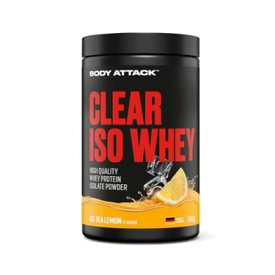 Abbildung von Body Attack Clear Iso Whey Ice Tea Lemon 300g Made in Germany Erfrischendes, klares Protein Isolat 24 g und 11.400 mg EAAs pro Shake, zucker &amp; fettfrei